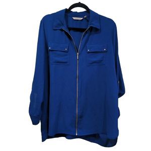 Soft Surroundings Roll Tab Sleeve Zip Blouse Size XL Blue Gold Casual Tunic